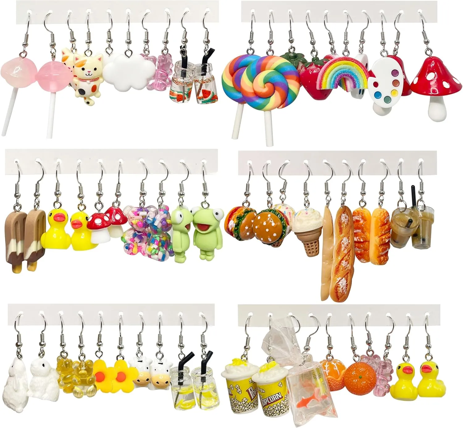EIELO 30 Pairs Weird Cute Funny Earrings Gummy Bear Duck (Clip On) Drop Dangle Earrings for Women Aesthetic Earrings Food Animal Earrings Set