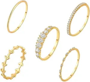 Elegant Gold Zircon Diamond Ring Set 5pcs Trendy Stackable Ring for Party