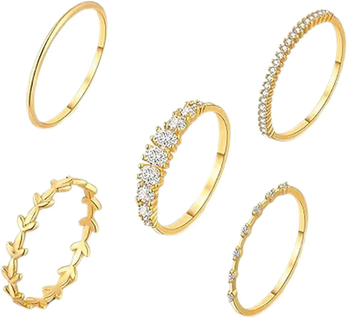 Elegant Gold Zircon Diamond Ring Set 5pcs Trendy Stackable Ring for Party