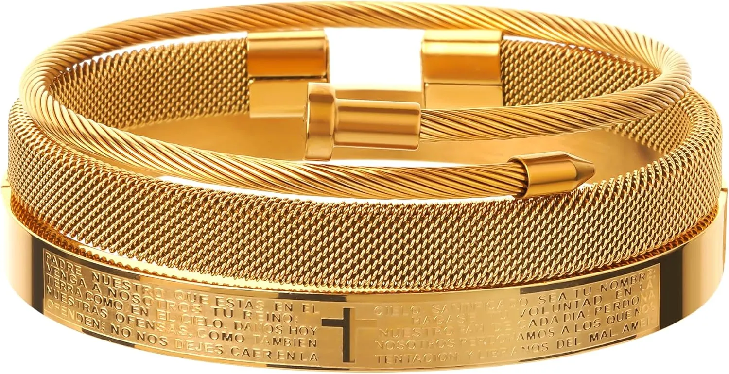 Enigma Mens Bracelet, Bracelet Stack, Stainless Steel Cable Chain, Easy Hook Clasp, Set of 3, Adjustable Cuff Bangles, Hermes Style Jewelry For Men, Bangles For Gifts