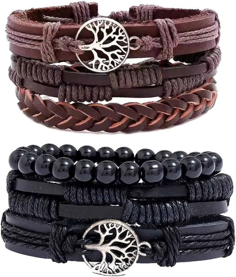 Ethnic Tribal Boho Wrap Leather Bracelets for Men Boho Hemp Cords String Beaded Braided Surfer Friendship Bracelet Woven Strand Biker Cuff Wristband Male Son BFF Gifts