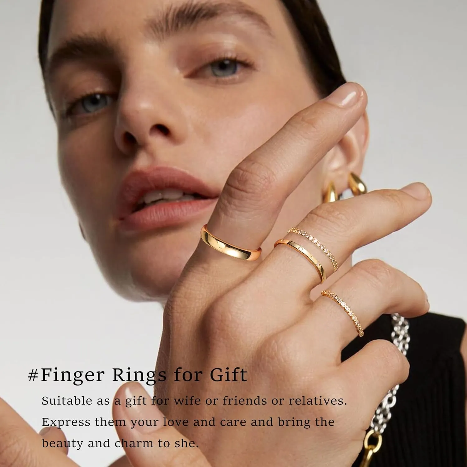EXGOX Dainty Stackable Gold Rings - 14K Gold Plated, Non Tarnish Cubic Zirconia Stacking & Thumb Knuckle Rings (4pcs Size 7-11)