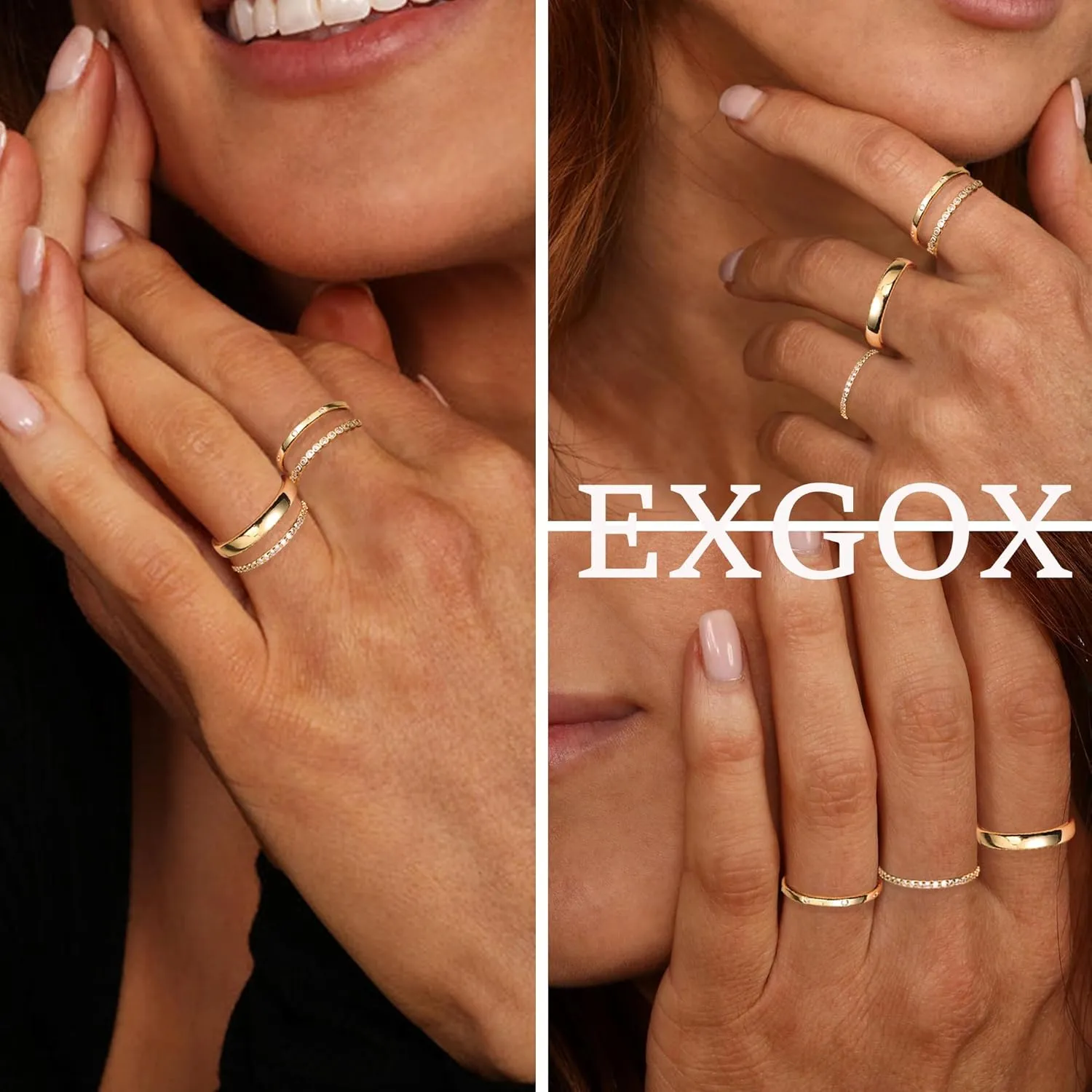 EXGOX Dainty Stackable Gold Rings - 14K Gold Plated, Non Tarnish Cubic Zirconia Stacking & Thumb Knuckle Rings (4pcs Size 7-11)