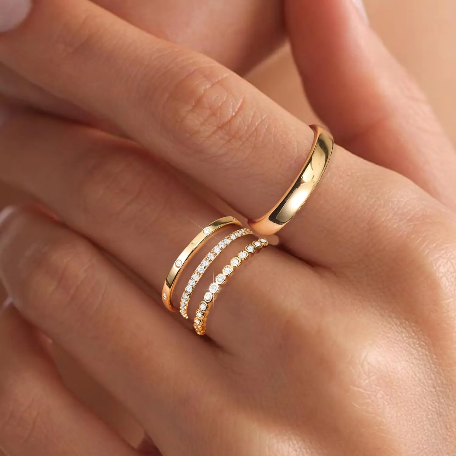 EXGOX Dainty Stackable Gold Rings - 14K Gold Plated, Non Tarnish Cubic Zirconia Stacking & Thumb Knuckle Rings (4pcs Size 7-11)