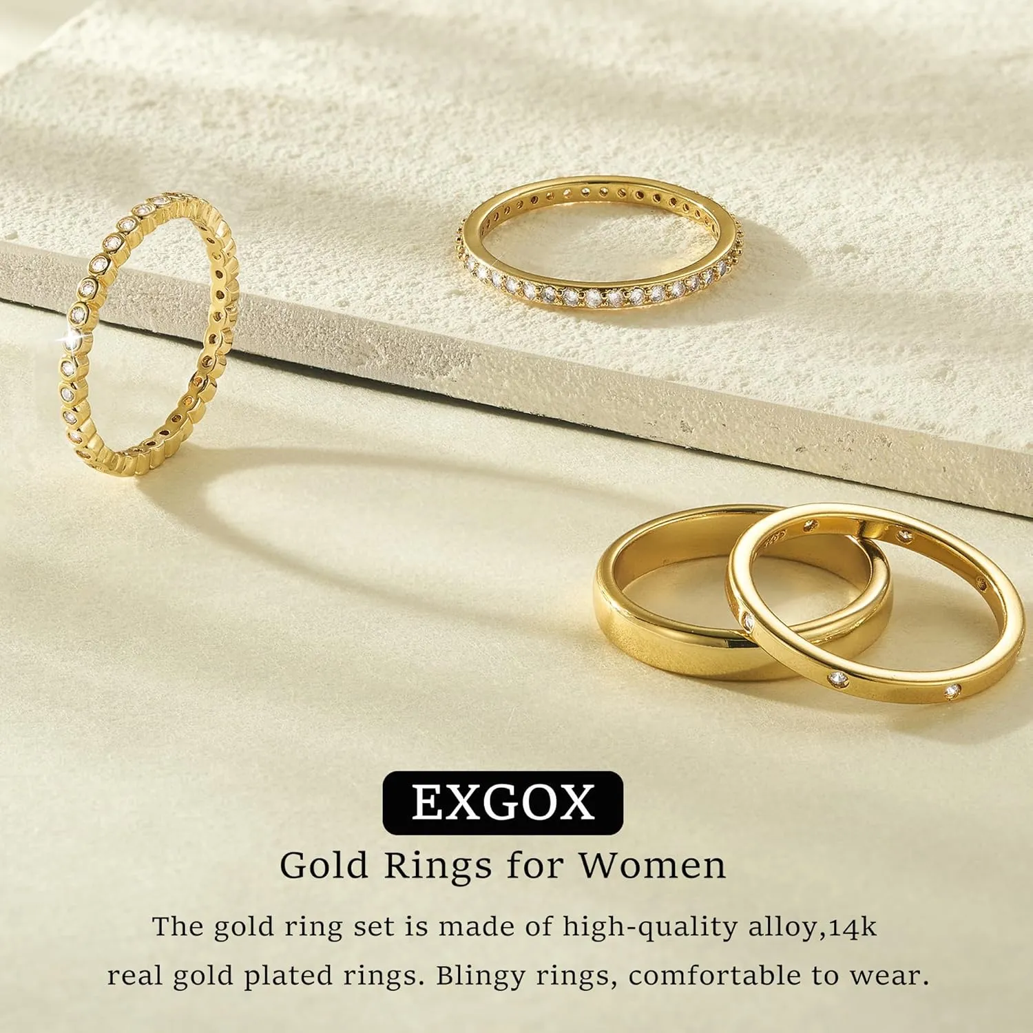 EXGOX Dainty Stackable Gold Rings - 14K Gold Plated, Non Tarnish Cubic Zirconia Stacking & Thumb Knuckle Rings (4pcs Size 7-11)