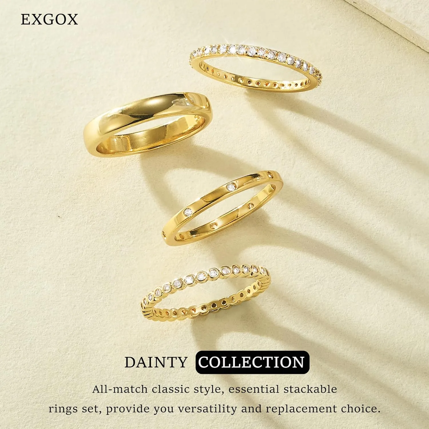 EXGOX Dainty Stackable Gold Rings - 14K Gold Plated, Non Tarnish Cubic Zirconia Stacking & Thumb Knuckle Rings (4pcs Size 7-11)