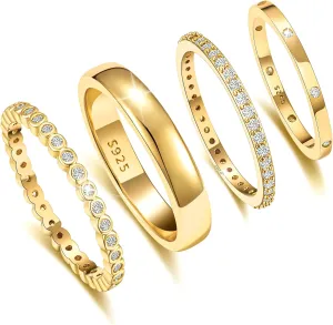 EXGOX Dainty Stackable Gold Rings - 14K Gold Plated, Non Tarnish Cubic Zirconia Stacking & Thumb Knuckle Rings (4pcs Size 7-11)