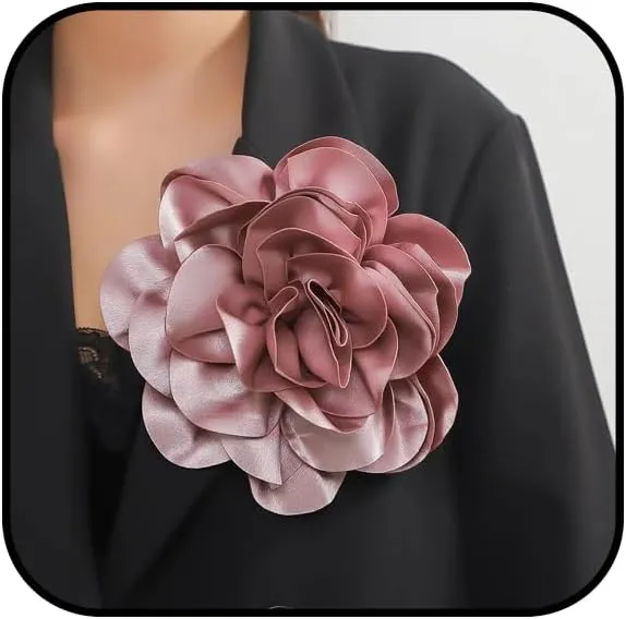 Fabric Flower Brooch for Women Large Flower Brooch Pin Dainty Satin Rose Brooch Camellias Flower Hair Clip Wedding Party Dance Banquet Jewelry