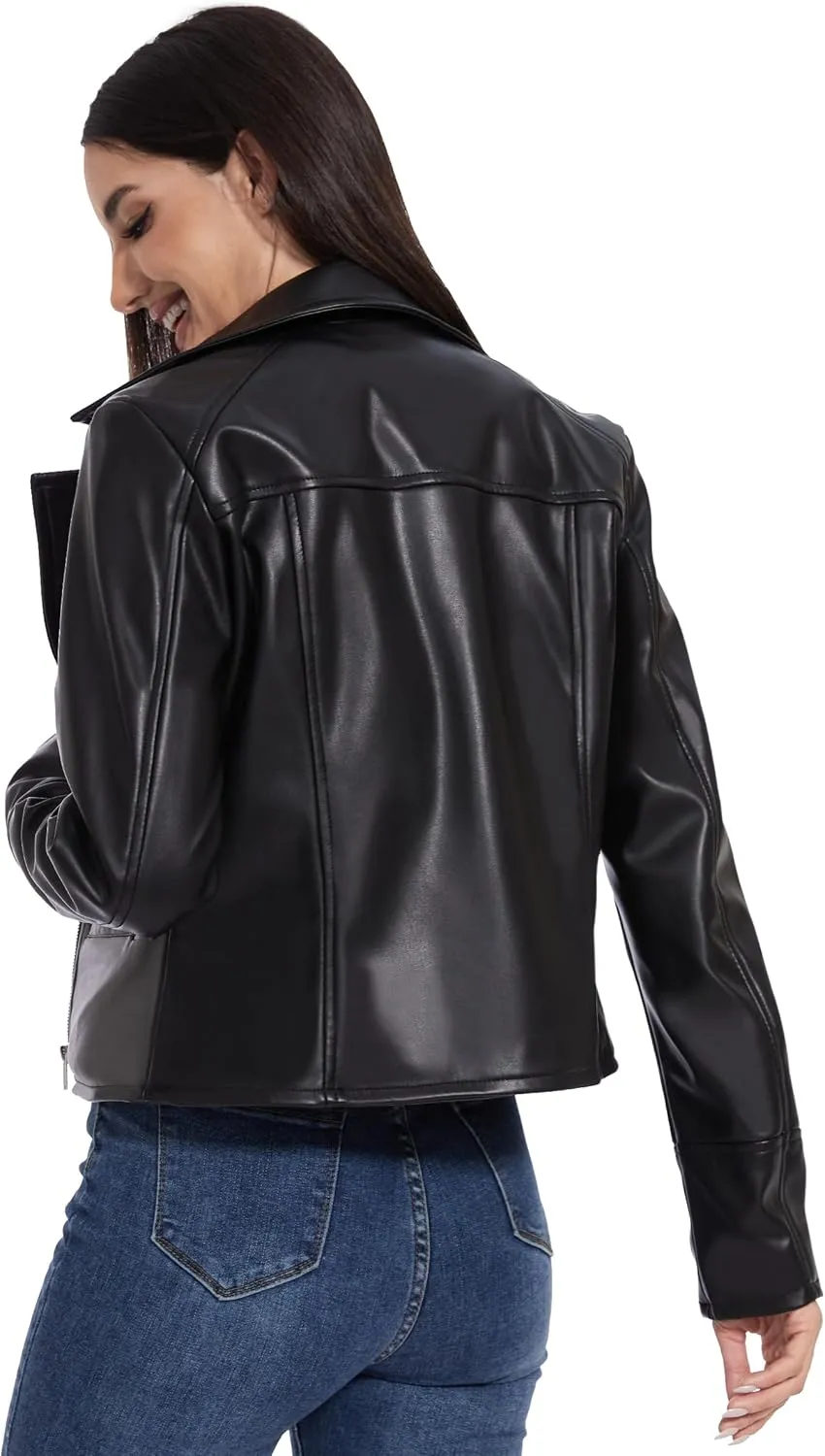 Fahsyee Faux Leather Jacket Women - Black Motorcycle Short Coat Moto Biker Blazer Casual Pleather Jackets Fashion S-XXL