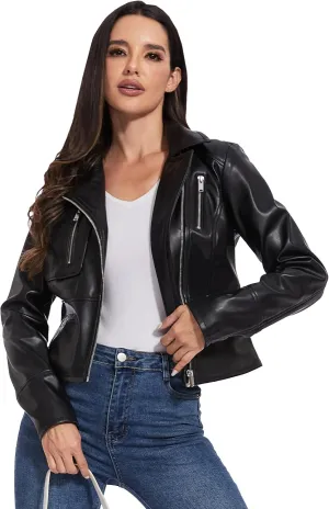 Fahsyee Faux Leather Jacket Women - Black Motorcycle Short Coat Moto Biker Blazer Casual Pleather Jackets Fashion S-XXL