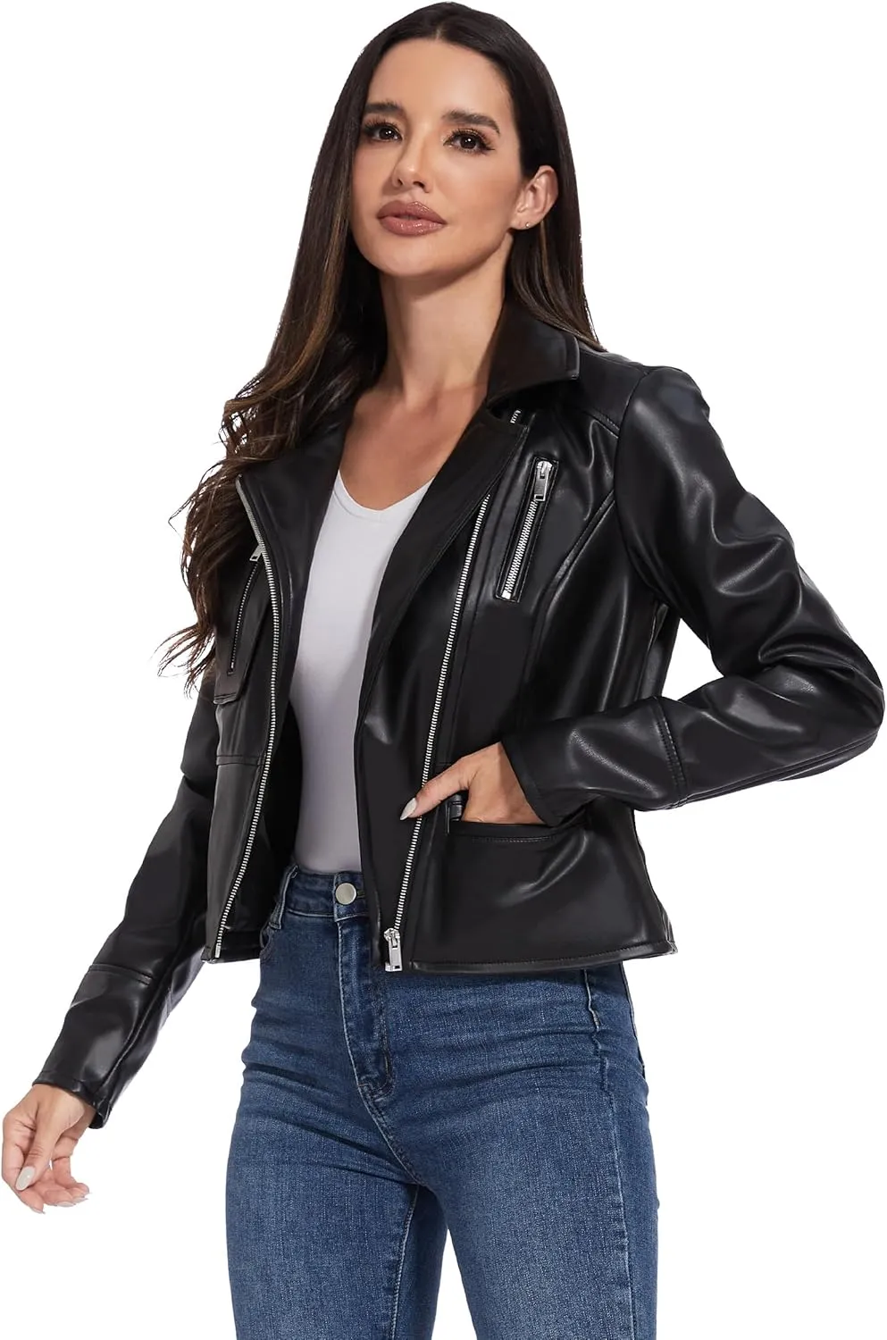 Fahsyee Faux Leather Jacket Women - Black Motorcycle Short Coat Moto Biker Blazer Casual Pleather Jackets Fashion S-XXL