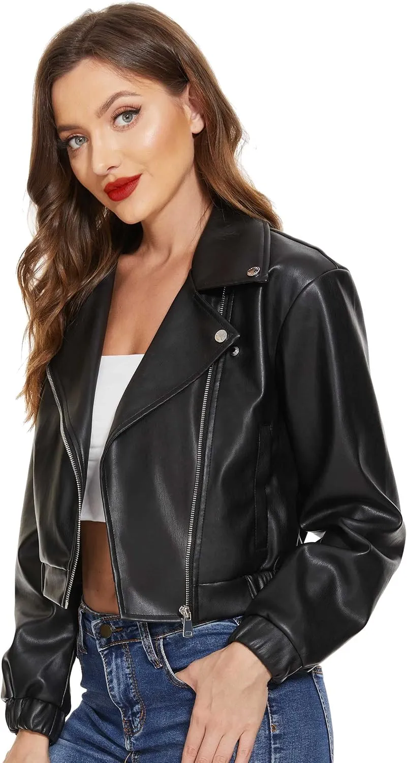 Fahsyee Faux Leather Jacket Women - Black Motorcycle Short Coat Moto Biker Blazer Casual Pleather Jackets Fashion S-XXL