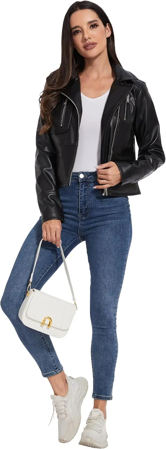 Fahsyee Faux Leather Jacket Women - Black Motorcycle Short Coat Moto Biker Blazer Casual Pleather Jackets Fashion S-XXL