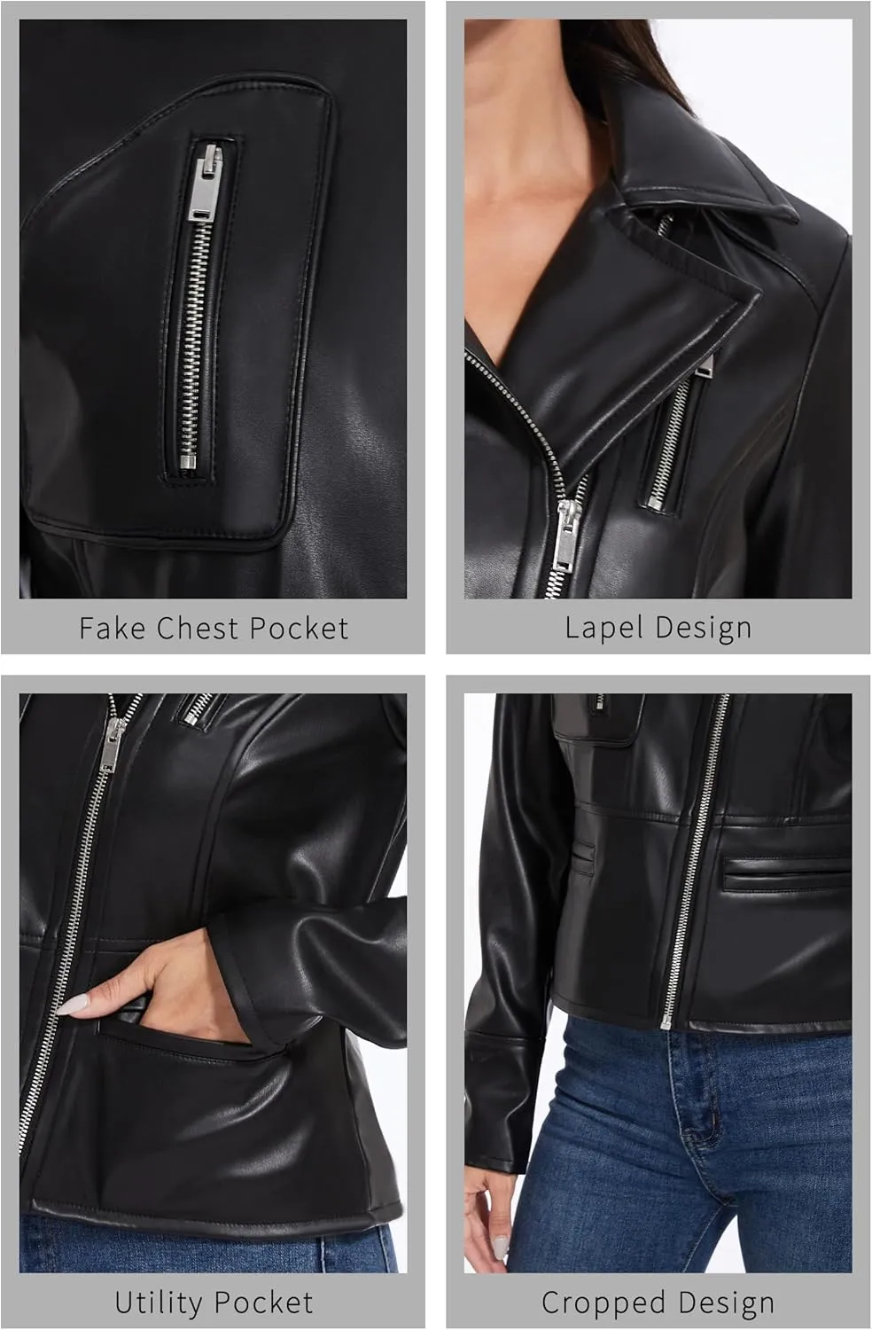 Fahsyee Faux Leather Jacket Women - Black Motorcycle Short Coat Moto Biker Blazer Casual Pleather Jackets Fashion S-XXL