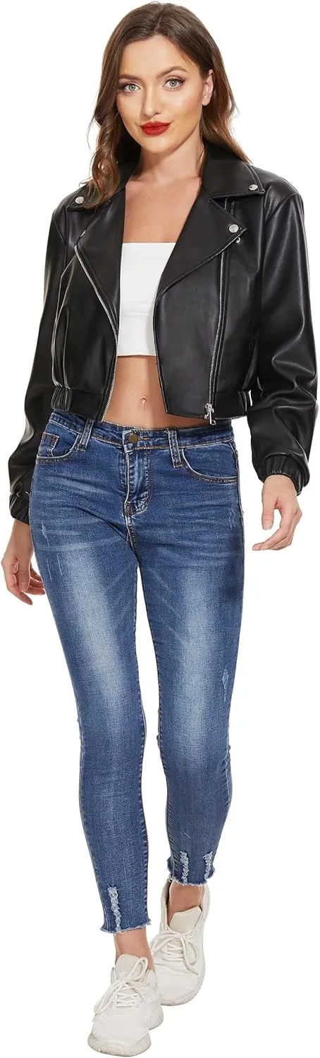 Fahsyee Faux Leather Jacket Women - Black Motorcycle Short Coat Moto Biker Blazer Casual Pleather Jackets Fashion S-XXL