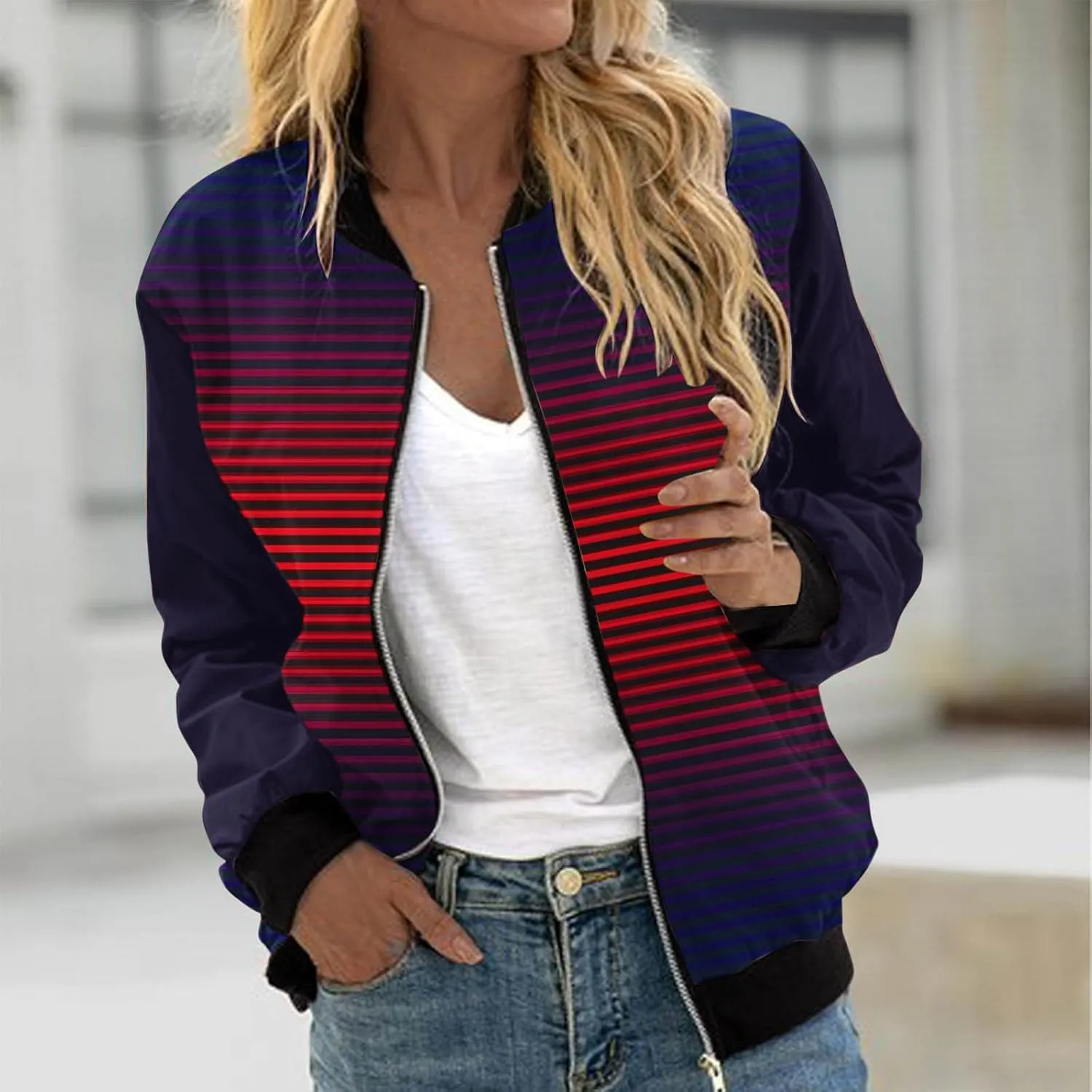 Fall Coats for Women 2024 Trendy Striped Print Cardigan Jackets Long Sleeve Full Zip Winter Coat Pockets Outerwear
