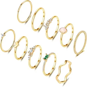 Fansilver 14K Gold Plated Stacking Rings for Women Simple Dainty Gold Stackable Knuckle Thumb Rings Heart CZ Opal Rings Plain Band Size 5-11