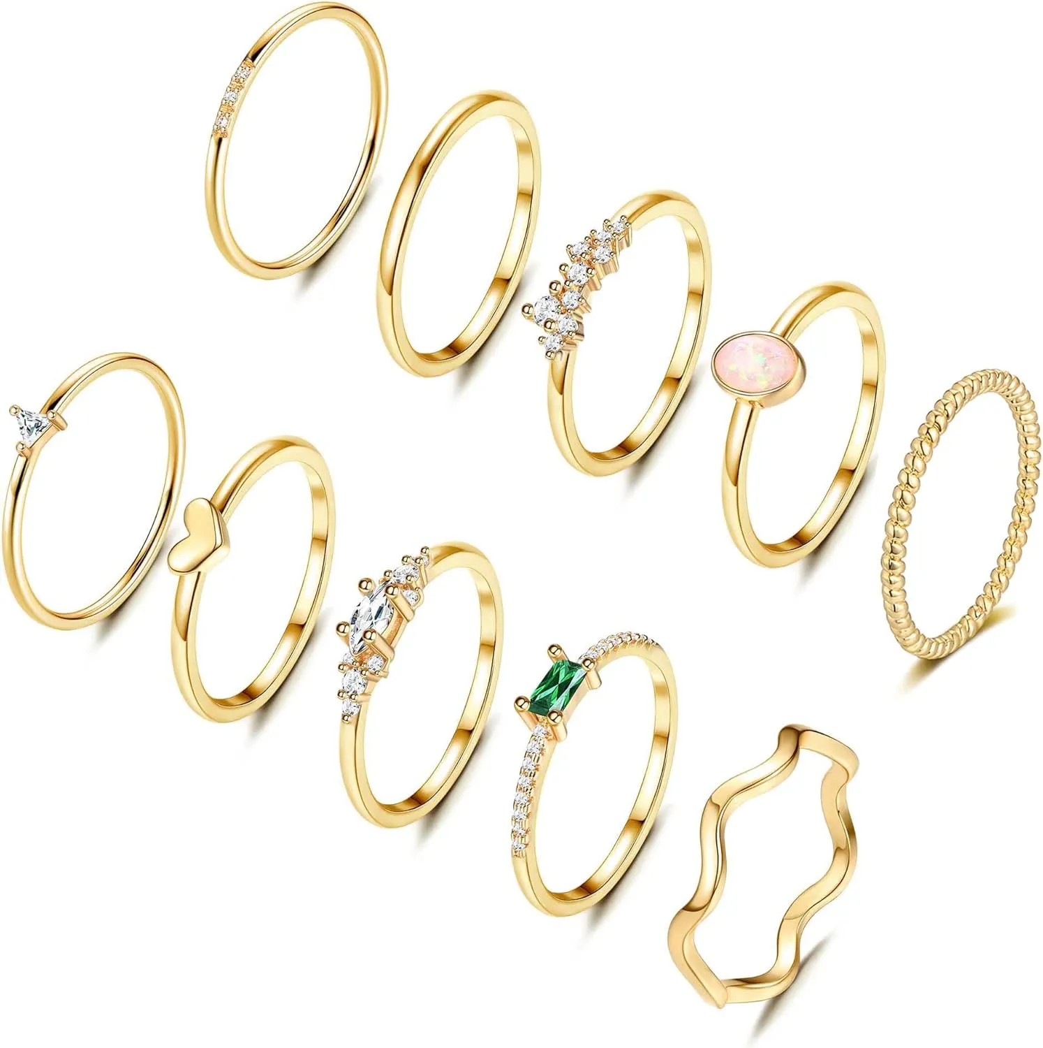 Fansilver 14K Gold Plated Stacking Rings for Women Simple Dainty Gold Stackable Knuckle Thumb Rings Heart CZ Opal Rings Plain Band Size 5-11