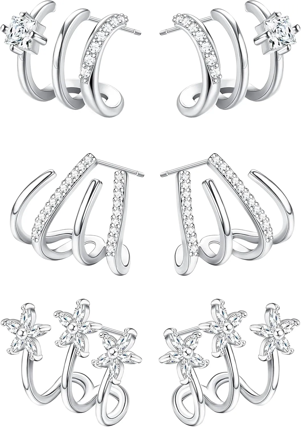 Fansilver 925 Sterling Silver   Cubic Zirconia    Cuff Earrings Triple Huggie Illusion Stud Earrings Hypoallergenic Wrap Ear Cuffs Earrings for Women Trendy