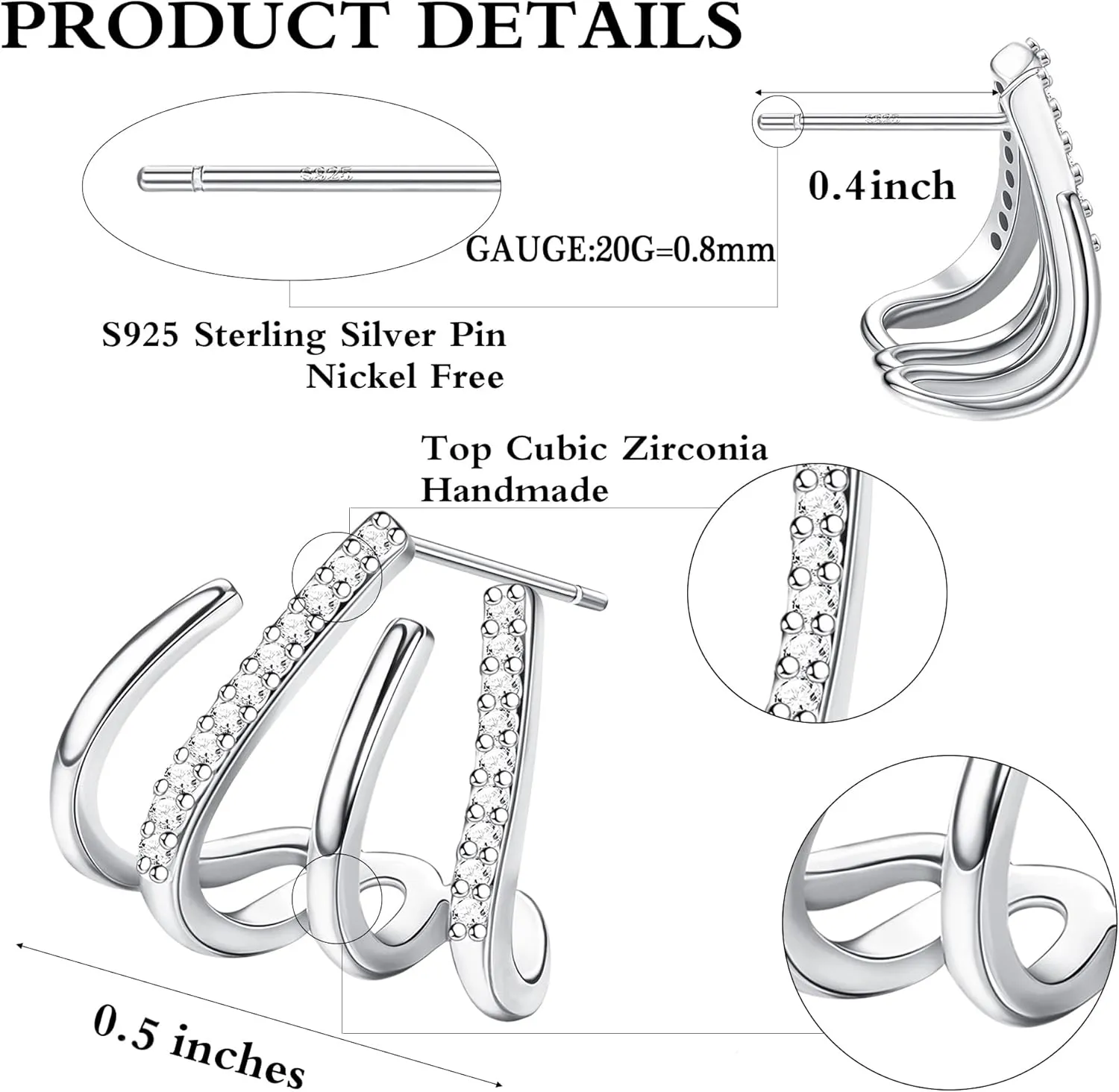 Fansilver 925 Sterling Silver   Cubic Zirconia    Cuff Earrings Triple Huggie Illusion Stud Earrings Hypoallergenic Wrap Ear Cuffs Earrings for Women Trendy