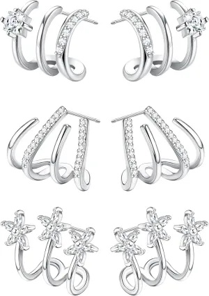 Fansilver 925 Sterling Silver   Cubic Zirconia    Cuff Earrings Triple Huggie Illusion Stud Earrings Hypoallergenic Wrap Ear Cuffs Earrings for Women Trendy