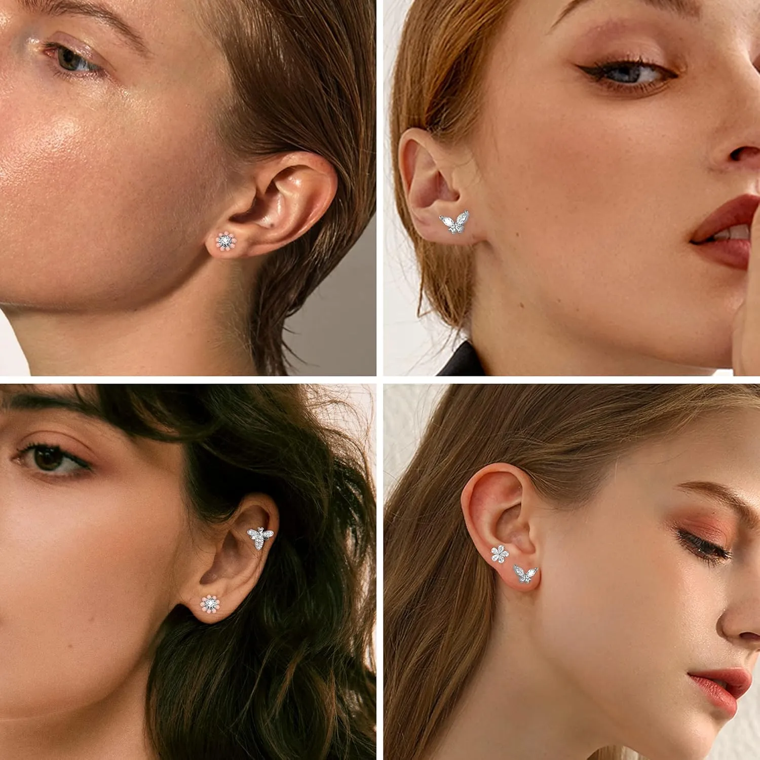 FASACCO 9PCS Cartilage Earrings Stud for Women Surgical Steel Flat Back Earrings Opal Butterfly Flower CZ Cartilage Earrings Tragus Helix Piercing Jewelry