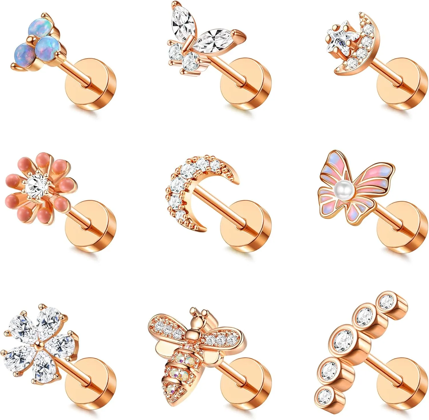 FASACCO 9PCS Cartilage Earrings Stud for Women Surgical Steel Flat Back Earrings Opal Butterfly Flower CZ Cartilage Earrings Tragus Helix Piercing Jewelry