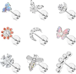FASACCO 9PCS Cartilage Earrings Stud for Women Surgical Steel Flat Back Earrings Opal Butterfly Flower CZ Cartilage Earrings Tragus Helix Piercing Jewelry