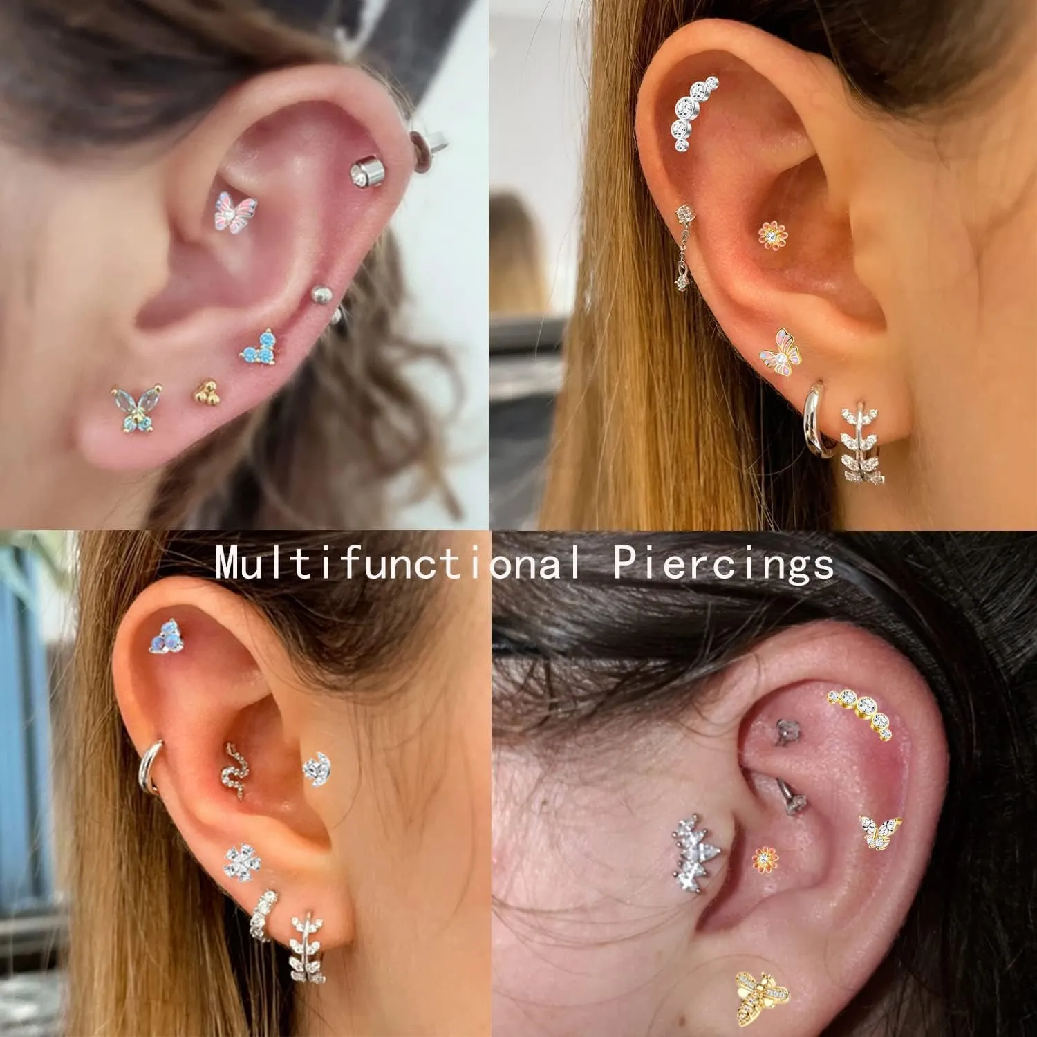 FASACCO 9PCS Cartilage Earrings Stud for Women Surgical Steel Flat Back Earrings Opal Butterfly Flower CZ Cartilage Earrings Tragus Helix Piercing Jewelry