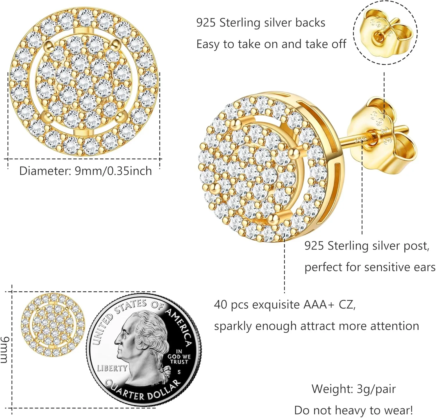FASACCO Earrings for Men Sterling Silver Men's Earrings Black/Silver/14K Gold Earrings for Men Iced Out Earrings Halo Square Earrings Mens Stud Earrings Set