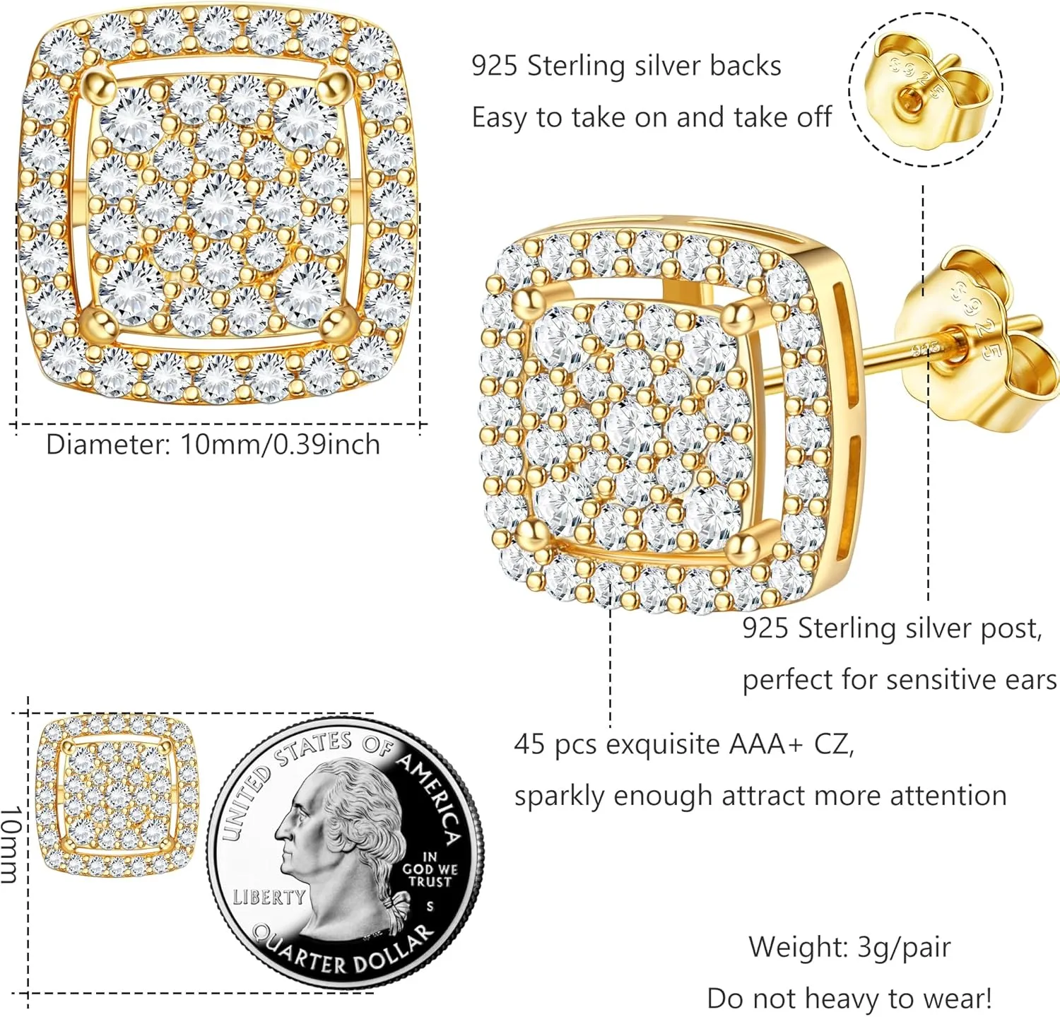 FASACCO Earrings for Men Sterling Silver Men's Earrings Black/Silver/14K Gold Earrings for Men Iced Out Earrings Halo Square Earrings Mens Stud Earrings Set