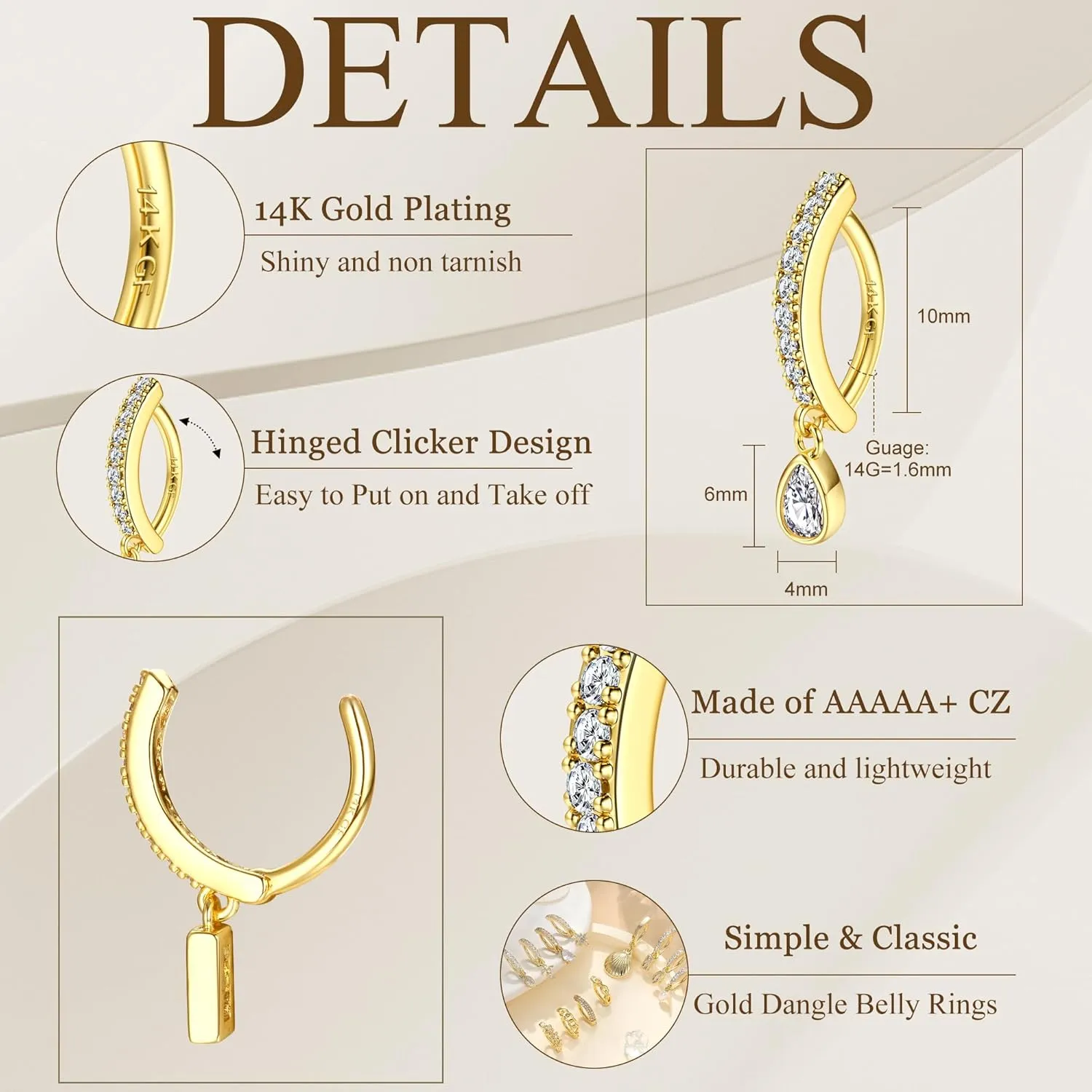FIBO STEEL 14K Gold Plated Belly Button Rings for Women Clicker Dangle Belly Rings CZ Pearl Star Shells Barbell Navel Rings 316L Surgical Steel Belly Piercing Jewelry 14G