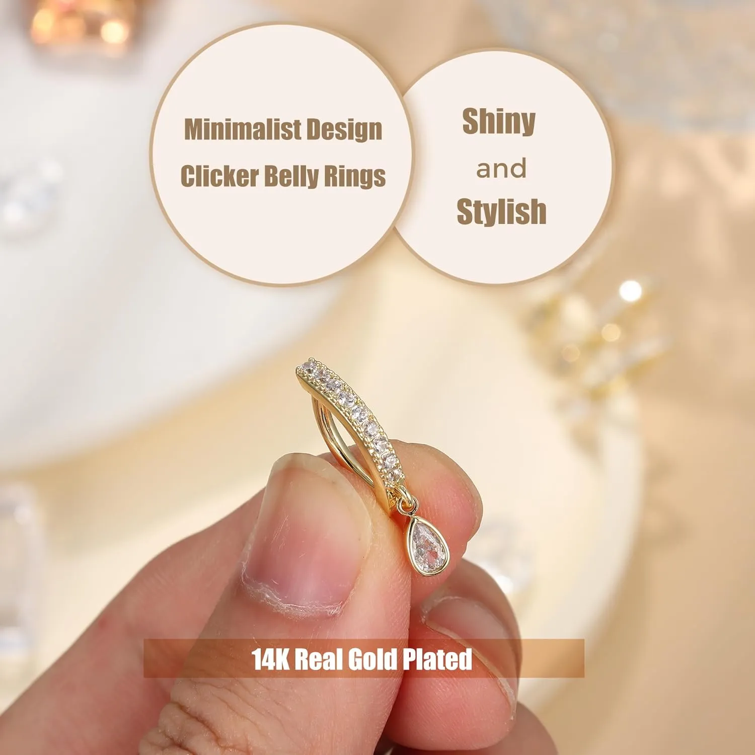 FIBO STEEL 14K Gold Plated Belly Button Rings for Women Clicker Dangle Belly Rings CZ Pearl Star Shells Barbell Navel Rings 316L Surgical Steel Belly Piercing Jewelry 14G