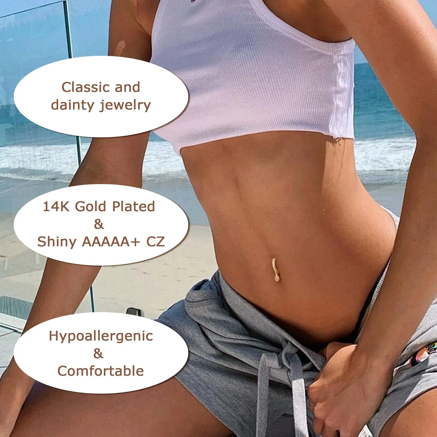 FIBO STEEL 14K Gold Plated Belly Button Rings for Women Clicker Dangle Belly Rings CZ Pearl Star Shells Barbell Navel Rings 316L Surgical Steel Belly Piercing Jewelry 14G