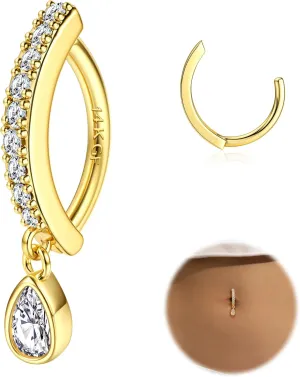 FIBO STEEL 14K Gold Plated Belly Button Rings for Women Clicker Dangle Belly Rings CZ Pearl Star Shells Barbell Navel Rings 316L Surgical Steel Belly Piercing Jewelry 14G