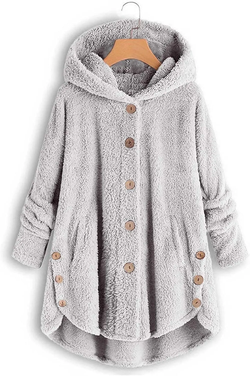 Fleece Jacket Women Long Sleeve Sherpa Hooded Coats Fall Winter Warm Fuzzy Jackets Button Plush Outerwear