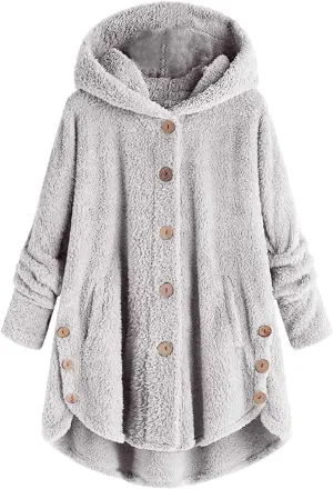 Fleece Jacket Women Long Sleeve Sherpa Hooded Coats Fall Winter Warm Fuzzy Jackets Button Plush Outerwear