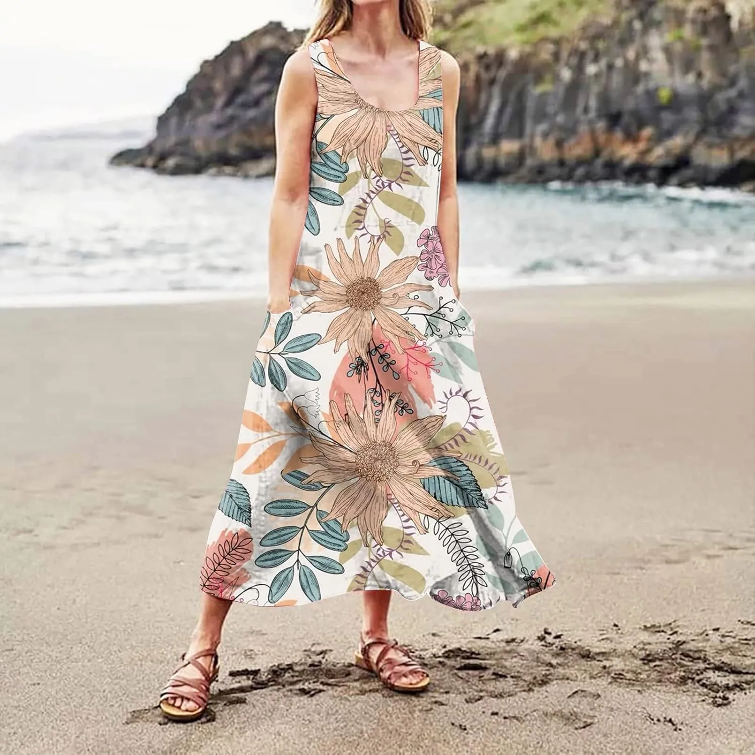 FlekmanArt Women Cotton and Linen Shirt Dress 2023 Summer U Neck Sleeveless Dress Gradient Casual Flowy Dress with Pocket