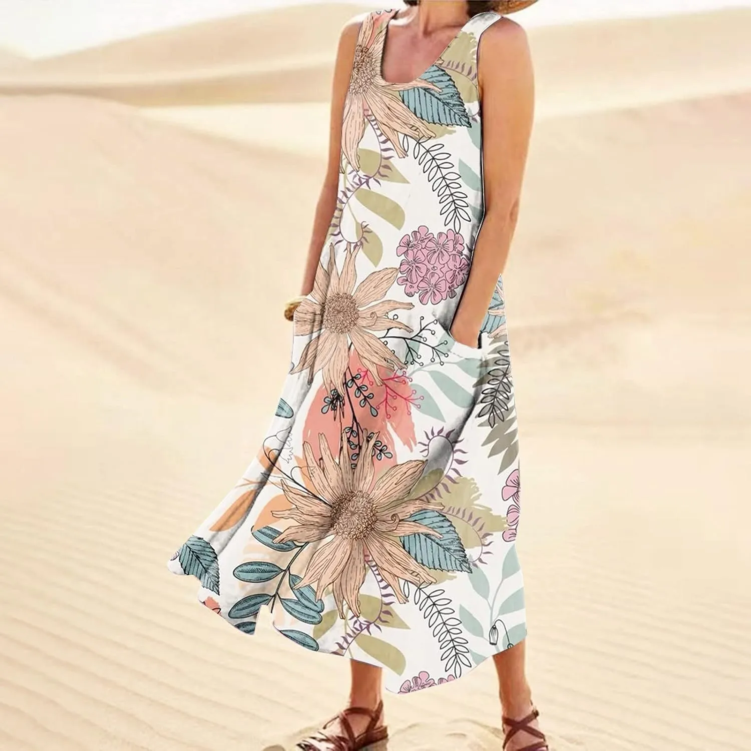 FlekmanArt Women Cotton and Linen Shirt Dress 2023 Summer U Neck Sleeveless Dress Gradient Casual Flowy Dress with Pocket