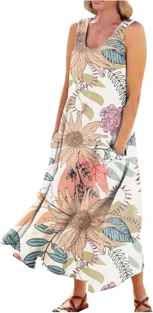 FlekmanArt Women Cotton and Linen Shirt Dress 2023 Summer U Neck Sleeveless Dress Gradient Casual Flowy Dress with Pocket