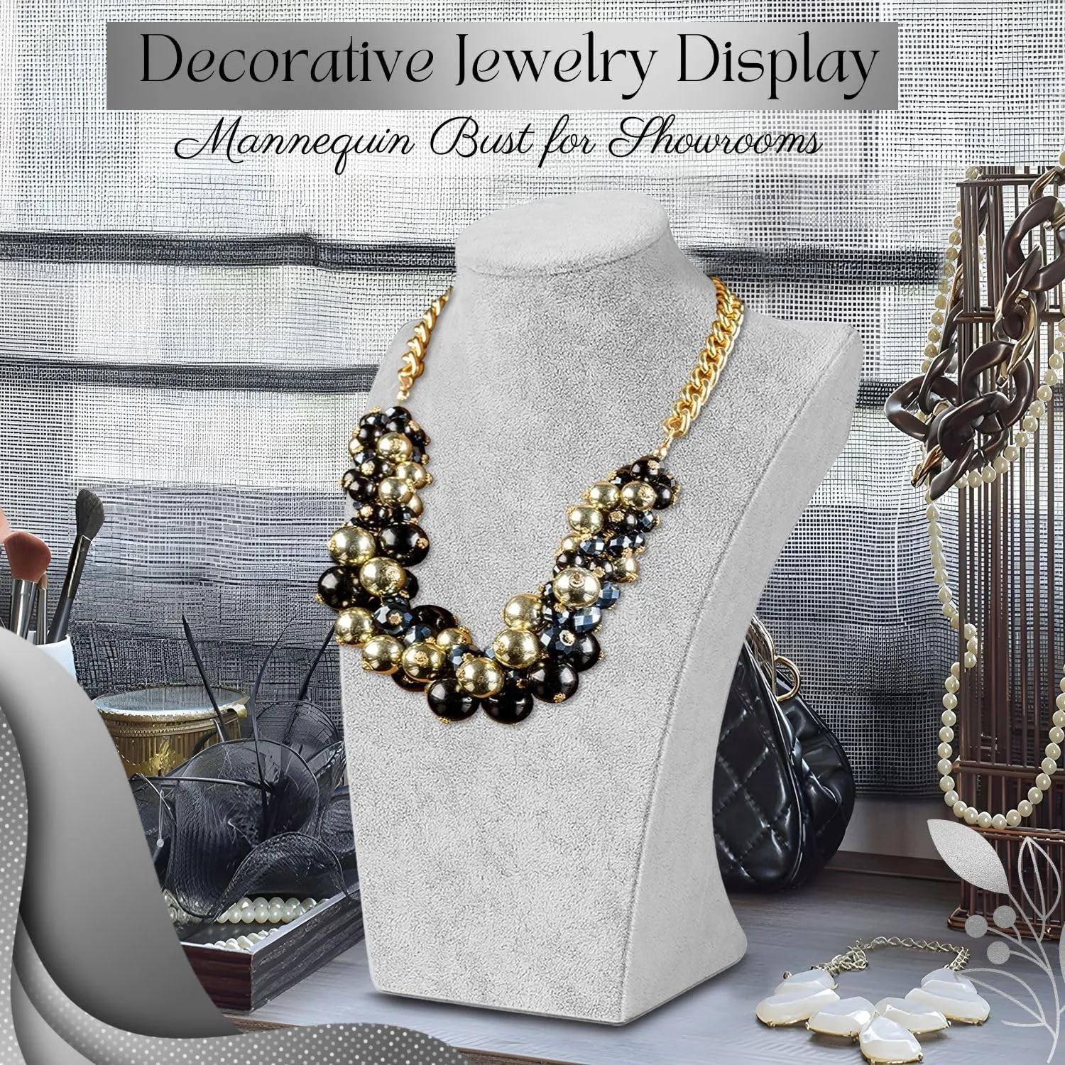 Flexzion Necklace Bust Display Stand (1 Pack) - 10 Inch 3D Mannequin Gray Velvet Necklace Display Holder for Home, Boutique & Trade Shows - Jewelry Display for Selling Necklace, Pendants, Chokers