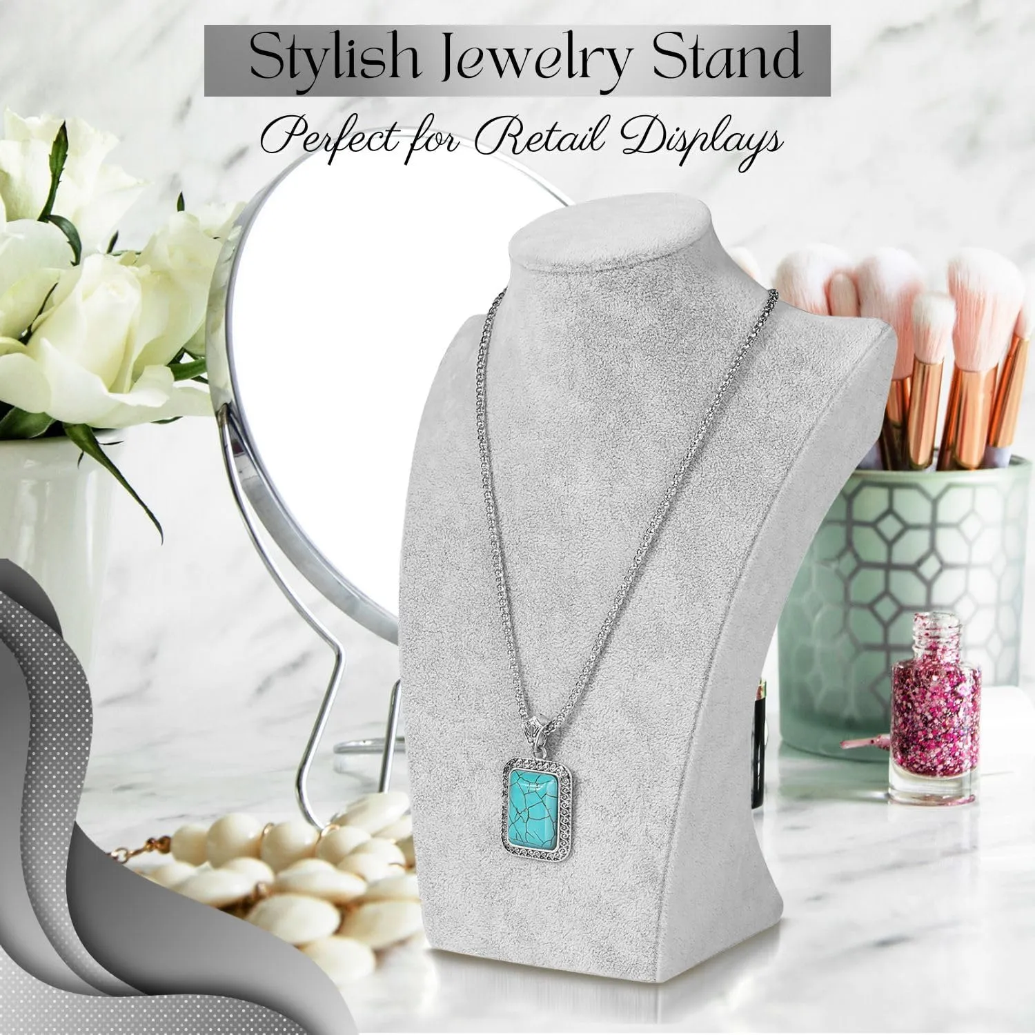 Flexzion Necklace Bust Display Stand (1 Pack) - 10 Inch 3D Mannequin Gray Velvet Necklace Display Holder for Home, Boutique & Trade Shows - Jewelry Display for Selling Necklace, Pendants, Chokers