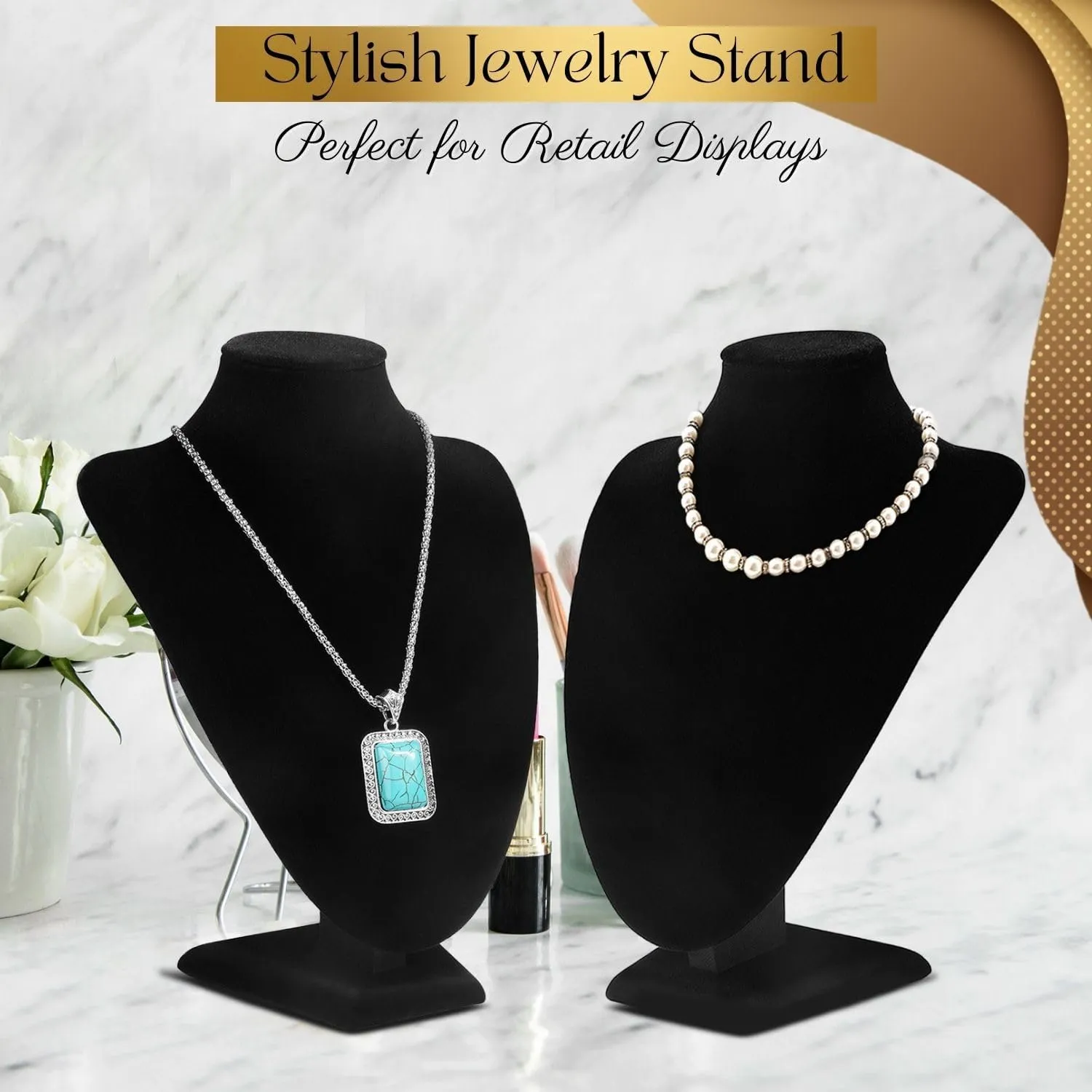 Flexzion Necklace Bust Display Stand (2 Pack) - 10 Inch 3D Mannequin Black Velvet Necklace Display Holder for Home, Boutique & Trade Shows - Jewelry Display for Selling Necklace, Pendants, Lockets