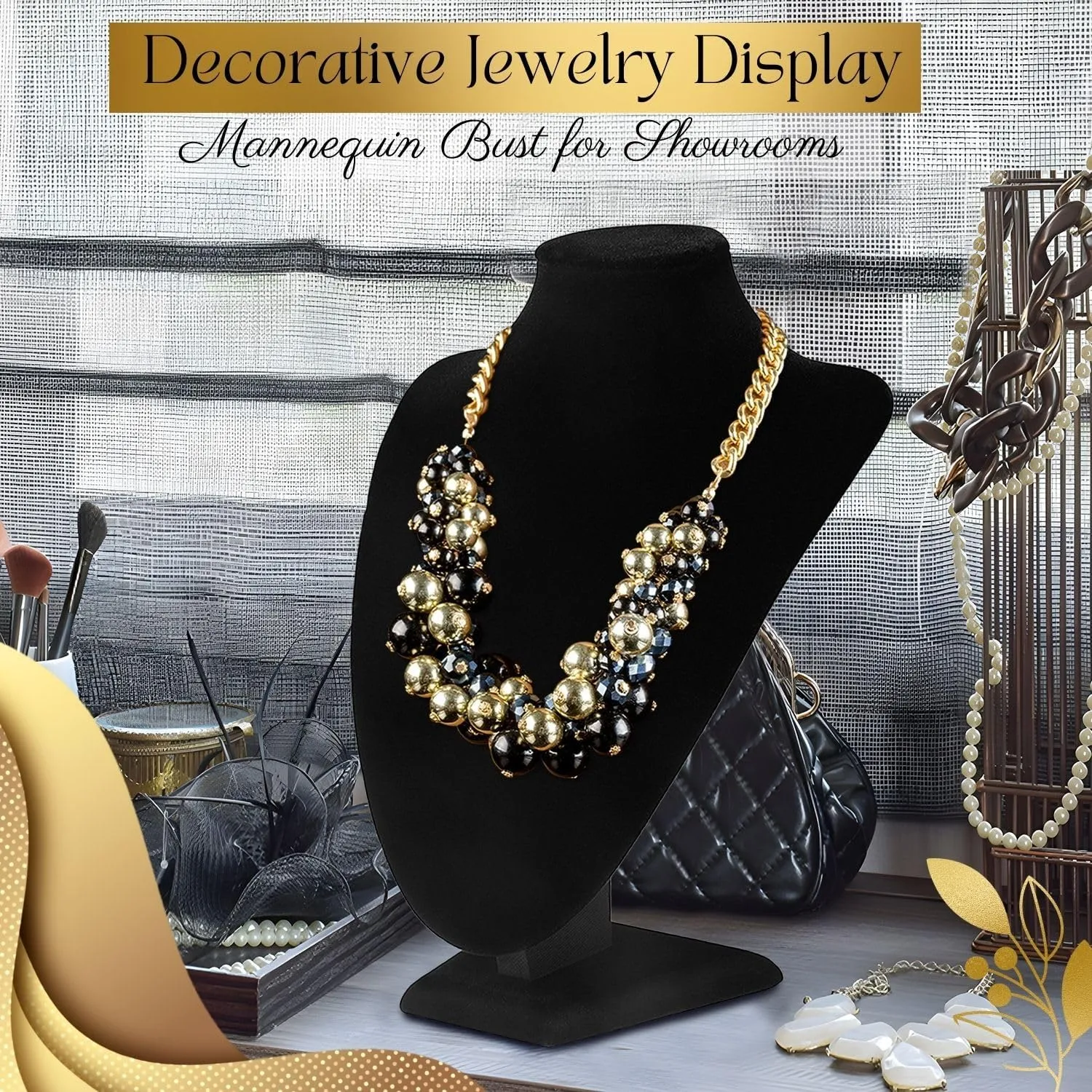 Flexzion Necklace Bust Display Stand (2 Pack) - 10 Inch 3D Mannequin Black Velvet Necklace Display Holder for Home, Boutique & Trade Shows - Jewelry Display for Selling Necklace, Pendants, Lockets