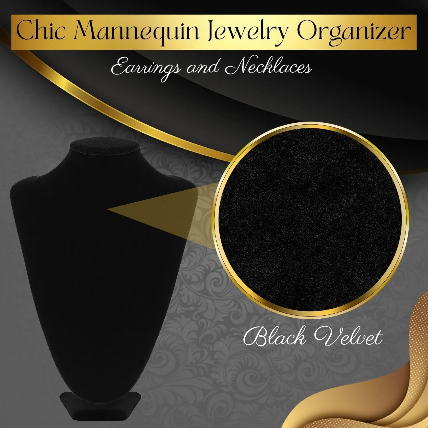 Flexzion Necklace Bust Display Stand (2 Pack) - 10 Inch 3D Mannequin Black Velvet Necklace Display Holder for Home, Boutique & Trade Shows - Jewelry Display for Selling Necklace, Pendants, Lockets