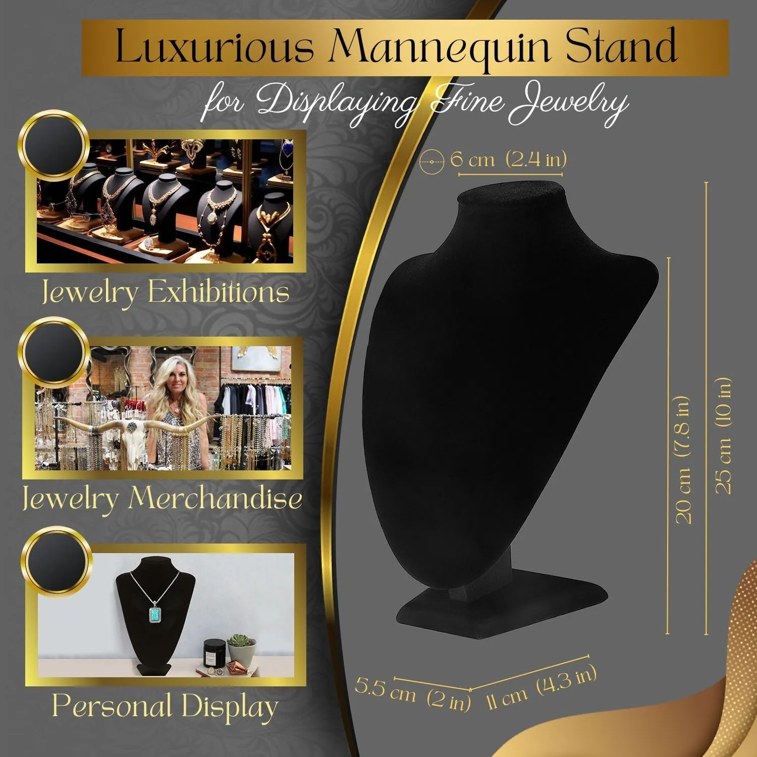 Flexzion Necklace Bust Display Stand (2 Pack) - 10 Inch 3D Mannequin Black Velvet Necklace Display Holder for Home, Boutique & Trade Shows - Jewelry Display for Selling Necklace, Pendants, Lockets