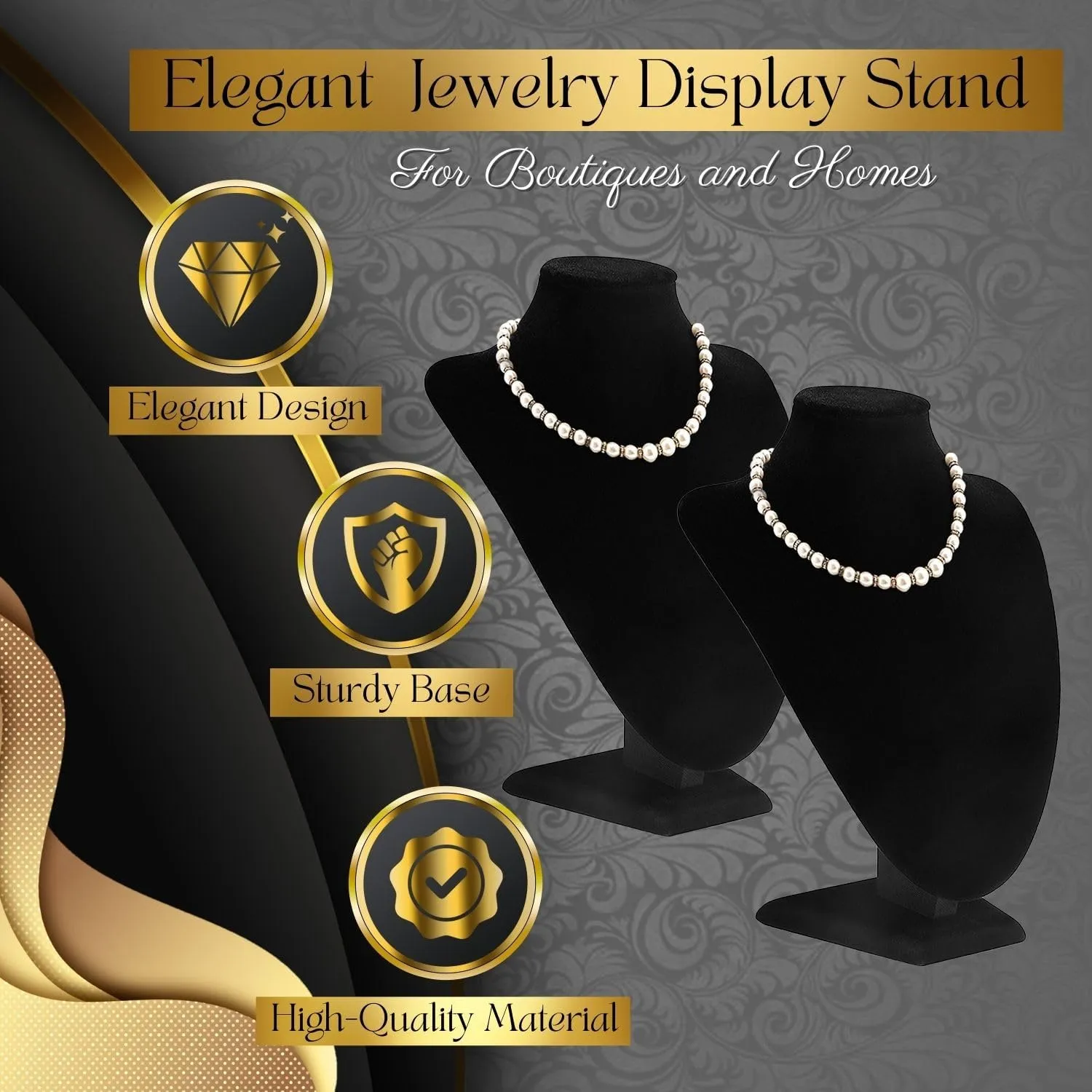 Flexzion Necklace Bust Display Stand (2 Pack) - 10 Inch 3D Mannequin Black Velvet Necklace Display Holder for Home, Boutique & Trade Shows - Jewelry Display for Selling Necklace, Pendants, Lockets