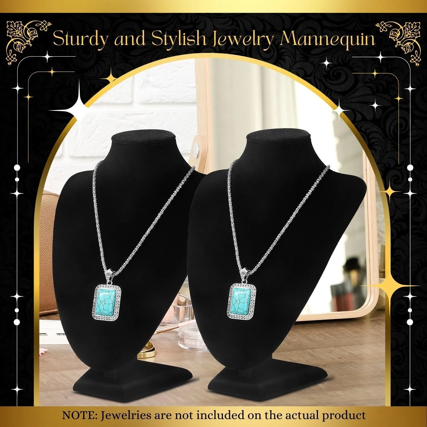 Flexzion Necklace Bust Display Stand (2 Pack) - 10 Inch 3D Mannequin Black Velvet Necklace Display Holder for Home, Boutique & Trade Shows - Jewelry Display for Selling Necklace, Pendants, Lockets