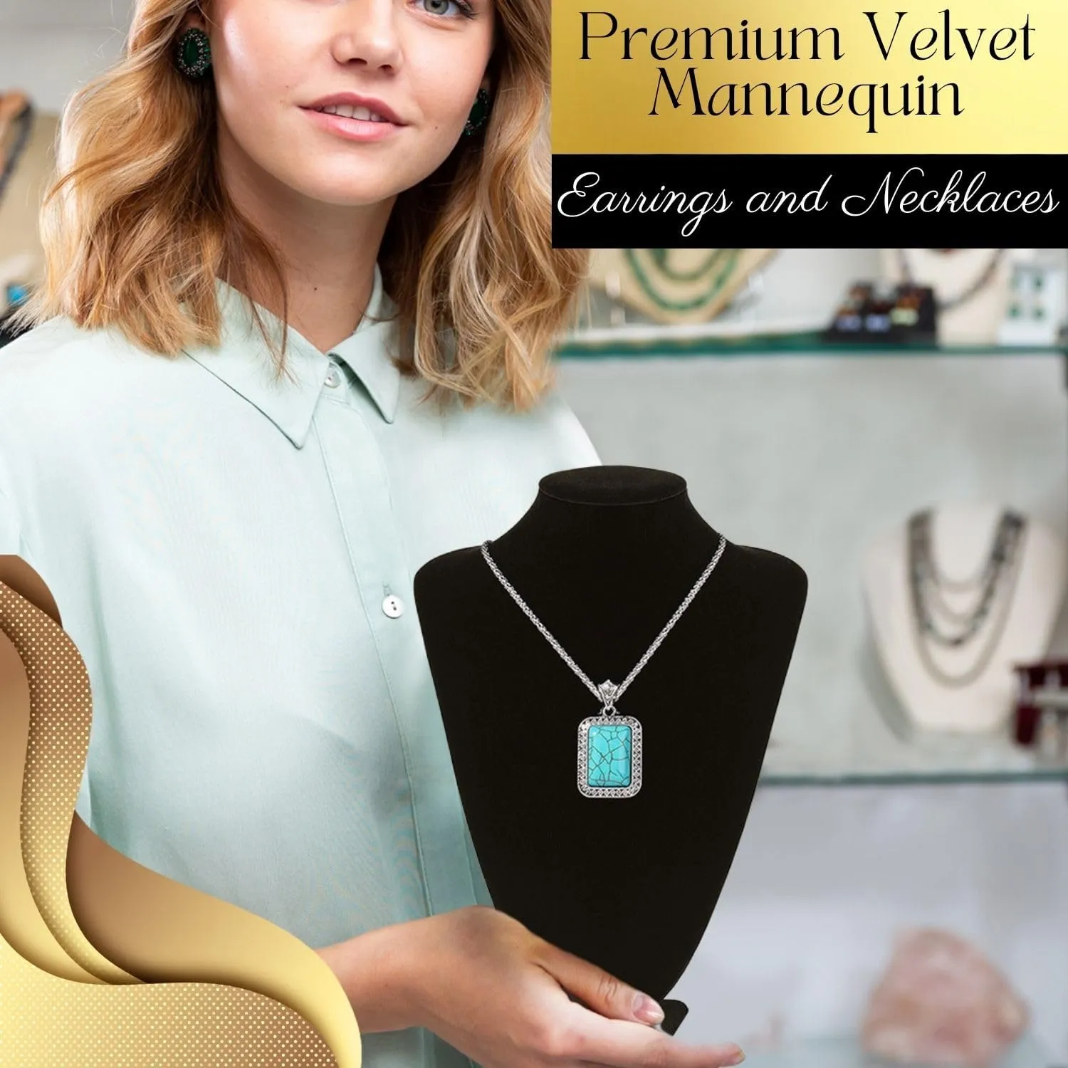 Flexzion Necklace Bust Display Stand (2 Pack) - 10 Inch 3D Mannequin Black Velvet Necklace Display Holder for Home, Boutique & Trade Shows - Jewelry Display for Selling Necklace, Pendants, Lockets