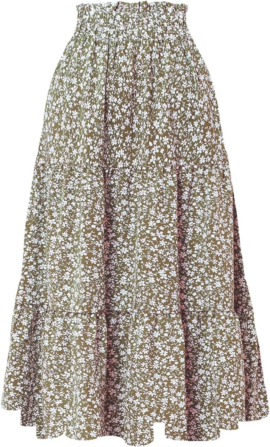 Floral Boho Skirts for Women Summer Casual Flowy Swing Tiered Long Skirt Elastic High Waisted Pleated Maxi Skirts
